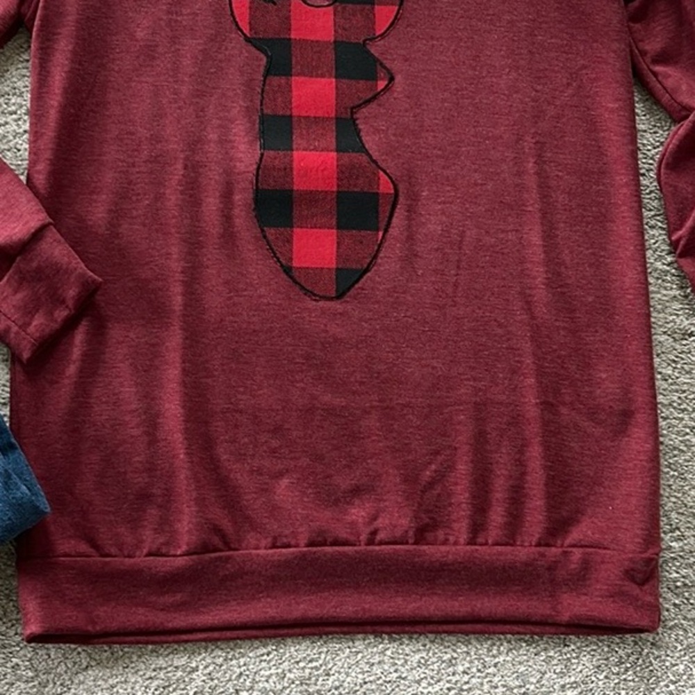 French Terry Long Sleeve Plaid Reindeer Top - Picture 4 of 6